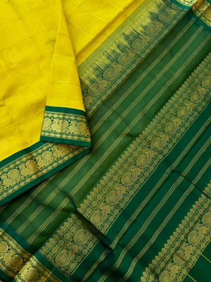 Korvai Silk Cotton - lemon yellow and green mayil chackaram