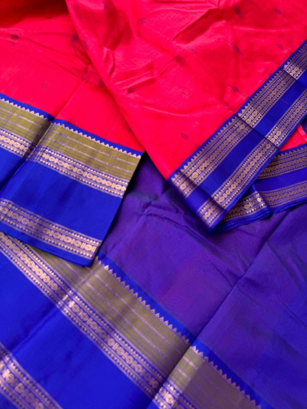 Divyam - Korvai Silk Cotton with Pure Silk Woven Borders - vibrant pink and blue