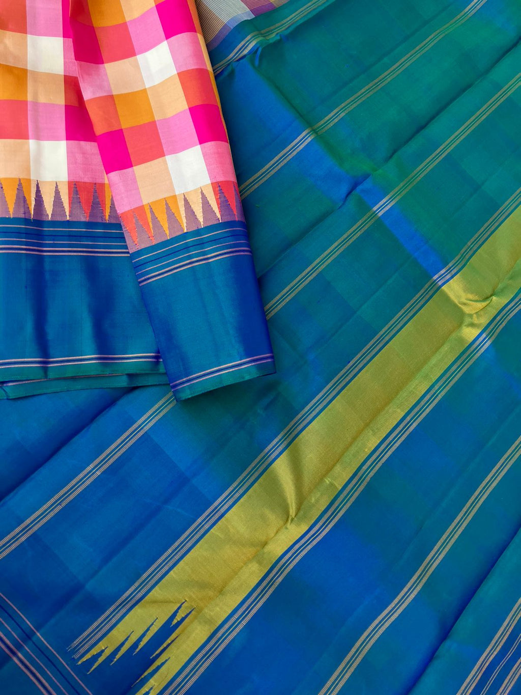 Paalum palamum kattam on Kanchivaram - stunning cream mustard pink kattam with peacock blue green border pallu and blouse