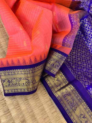 Korvai Silk Cotton - beautiful orange short pink zari kattam with ms blue pallu and blouse