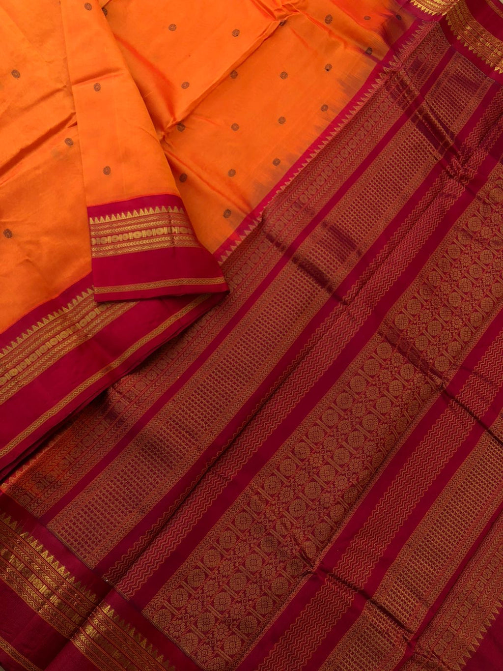 Korvai Silk Cotton with Pure Silk Woven Borders - orange and aaraku