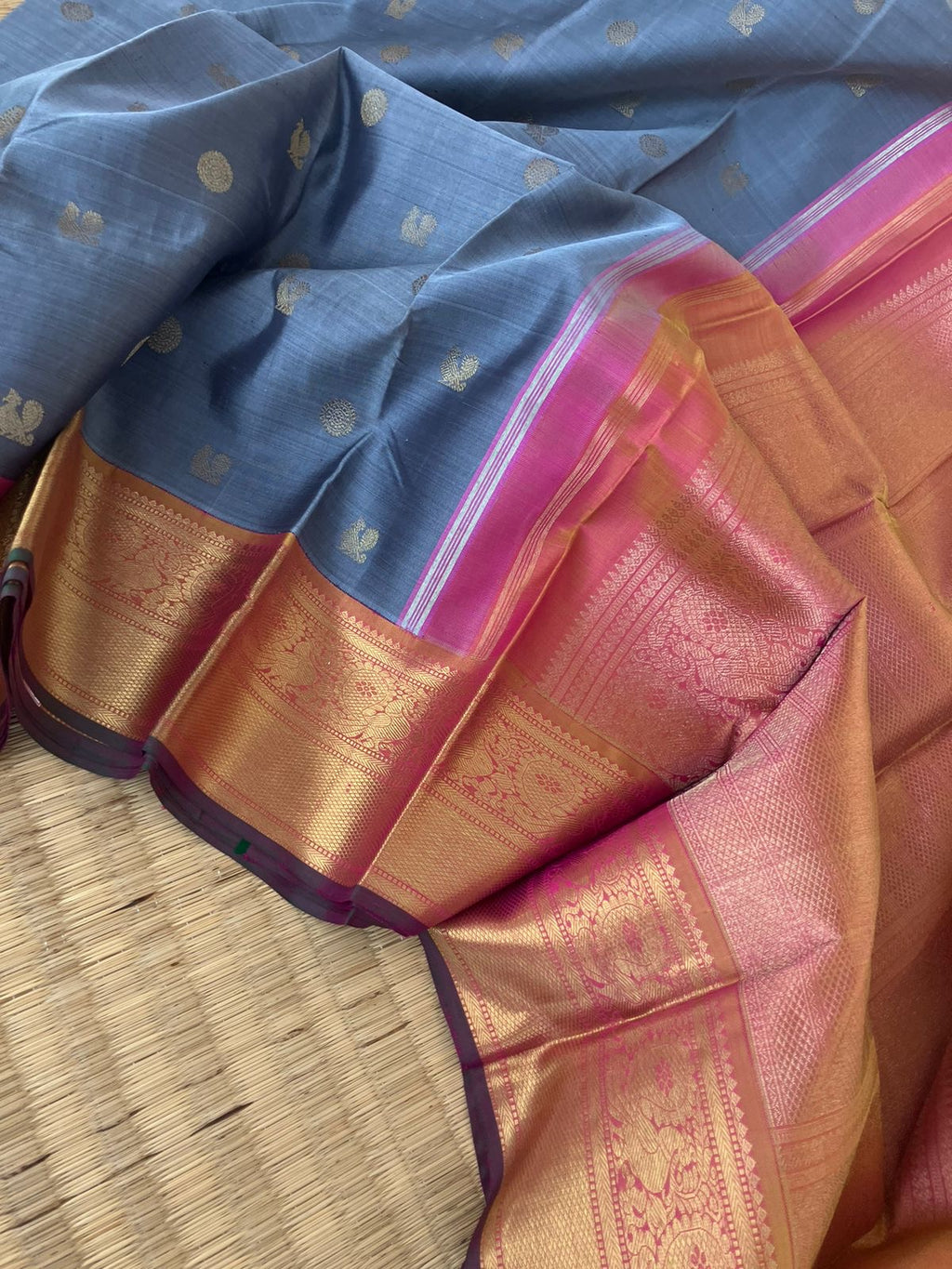 Meenakshi - Kanchivaram for Every Occasion - grey and pink with soldi gold zari woven korvai borders