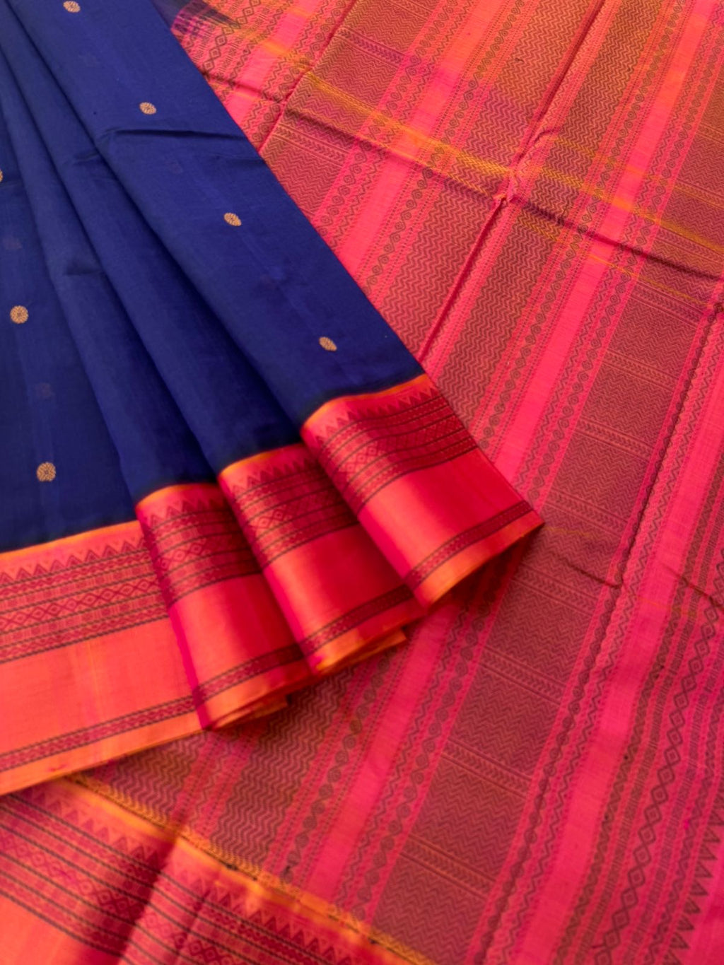 Divyam - Korvai Silk Cotton with Pure Silk Woven Borders - deep dark navy blue on short pink