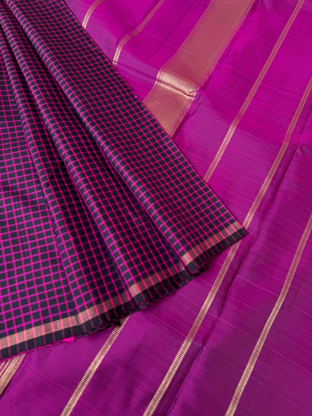 Bliss of Kanchivaram - black and purple chex with purple pallu and blouse