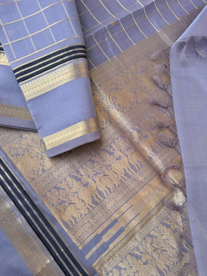 Zari Kissed Silk Cotton - silver grey muthu kattam