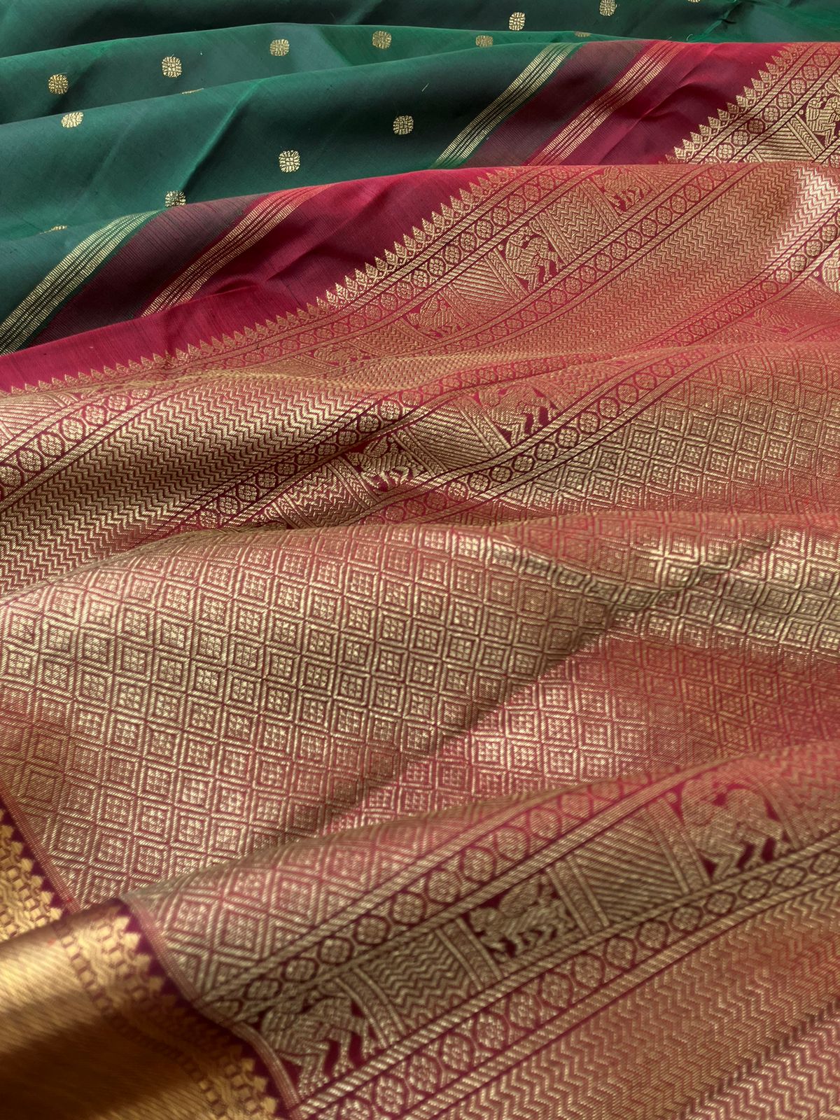 Treasures of Kanchivaram - Solid Gold Zari Woven Border Kanchivarams - the amazing deep dark Meenakshi green and maroon