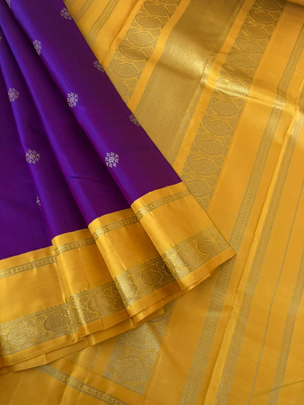 Meenakshi - Kanchivaram for Every Occasion - most gorgeous violet blue mixed body with mustard woven borders and pallu