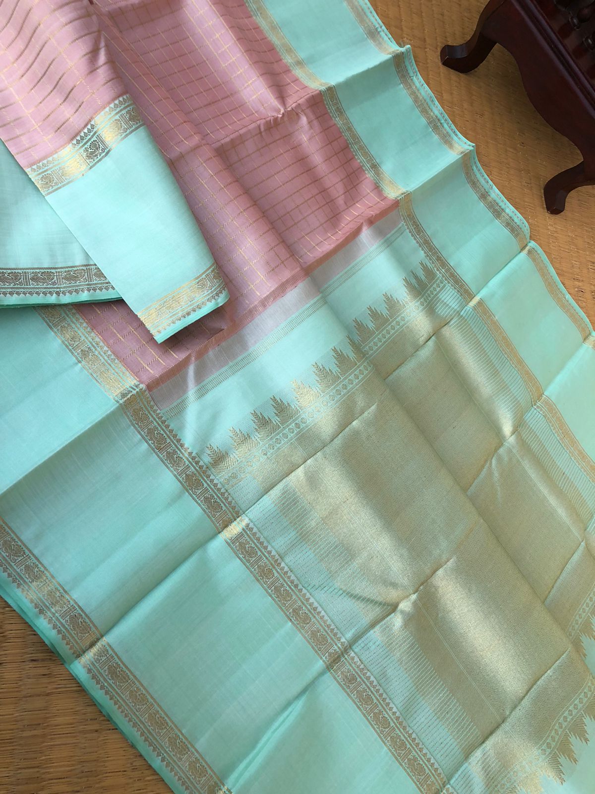 Pastel Ragas on Kanchivaram - dusky pastel rose gold muthukattam with 8 koll gold zari woven pallu