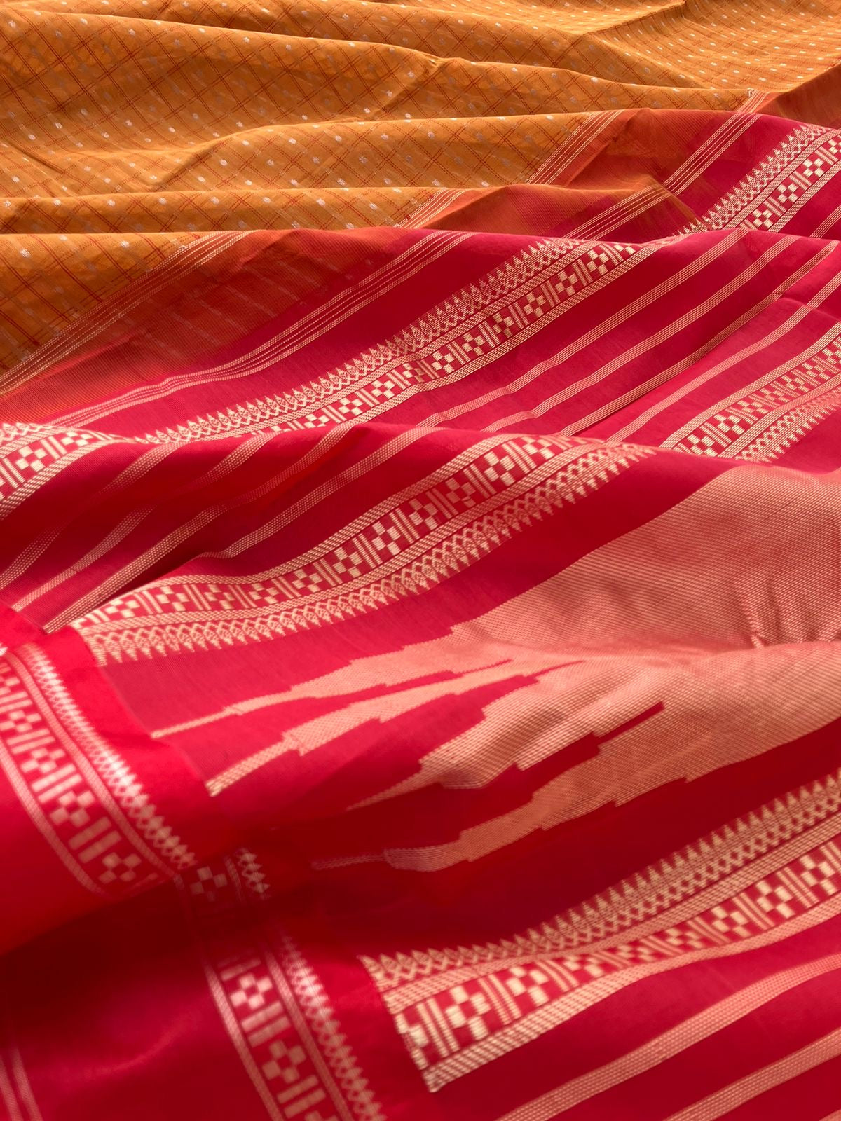 Mira - Our Exclusive Cotton body with Pure Silk Korvai Borders - mustard and red lakshadeepam