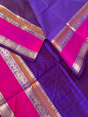 Traditional Colours Woven Motifs Silk Cotton - blue violet lakshadeepam