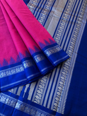 Mira - Our Exclusive Cotton body with Pure Silk Korvai Borders - Indian pink and Royal blue with annapakshi woven borders