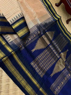 Korvai Silk Cotton - creamy off white and navy blue podi kattam