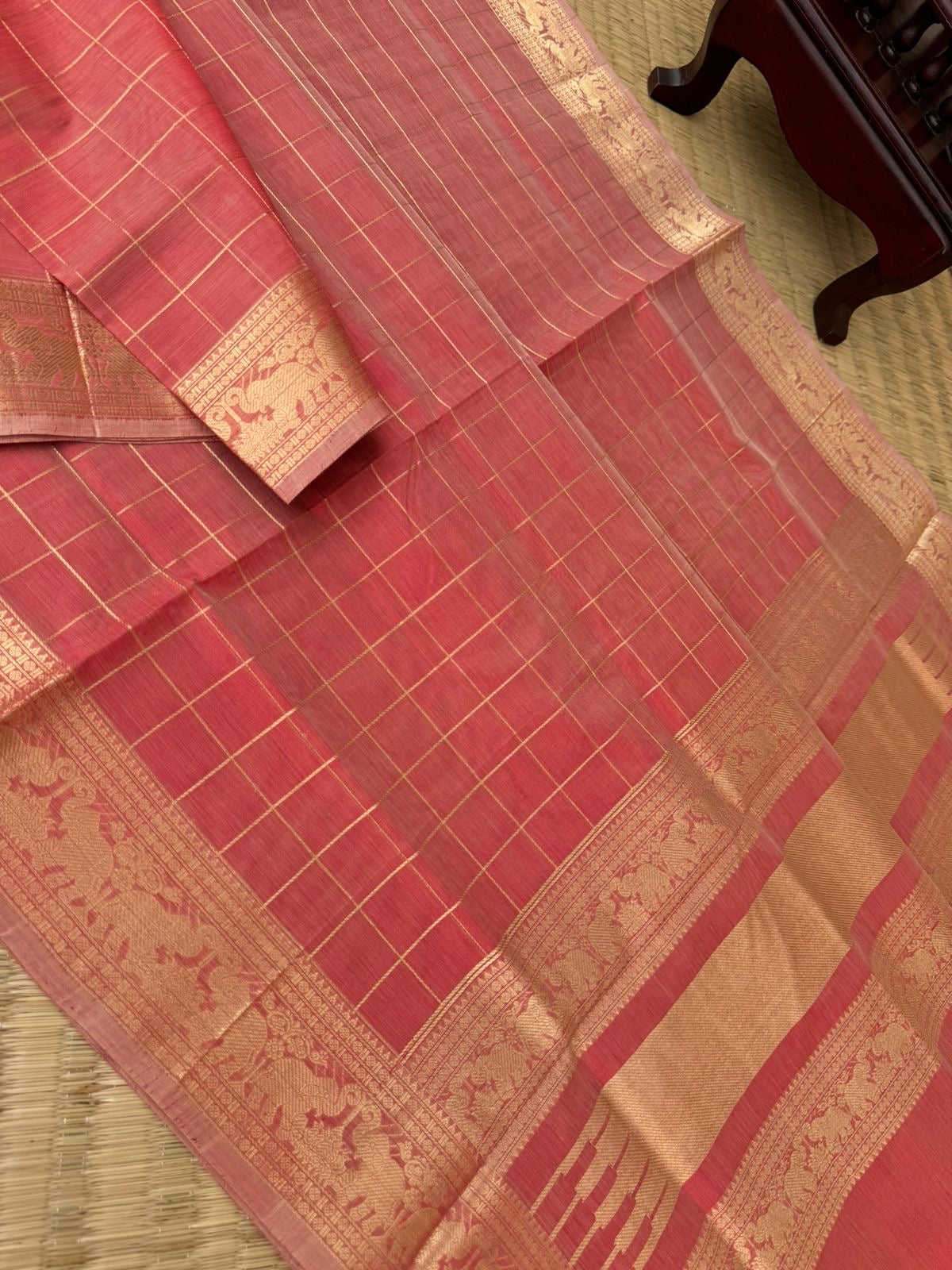 Zari Kissed Silk Cotton - beige mixed rose gold muthukattam with elephant and lotus motifs woven borders