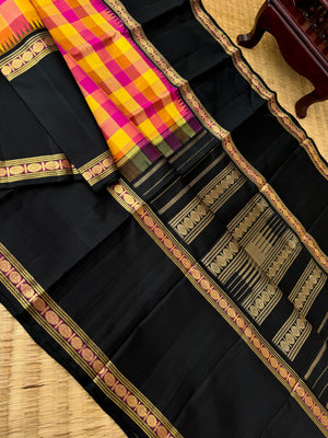 Truly Vintage - stunning traditional yellow and pink paalum palamum kattam with black korvai woven 12’ Inch borders