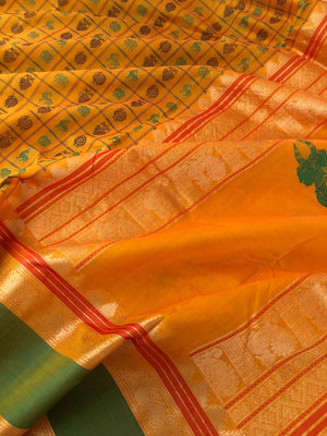 Woven Motifs Silk Cottons - stunning mango yellow 1000 buttas with kamadhenu woven pallu