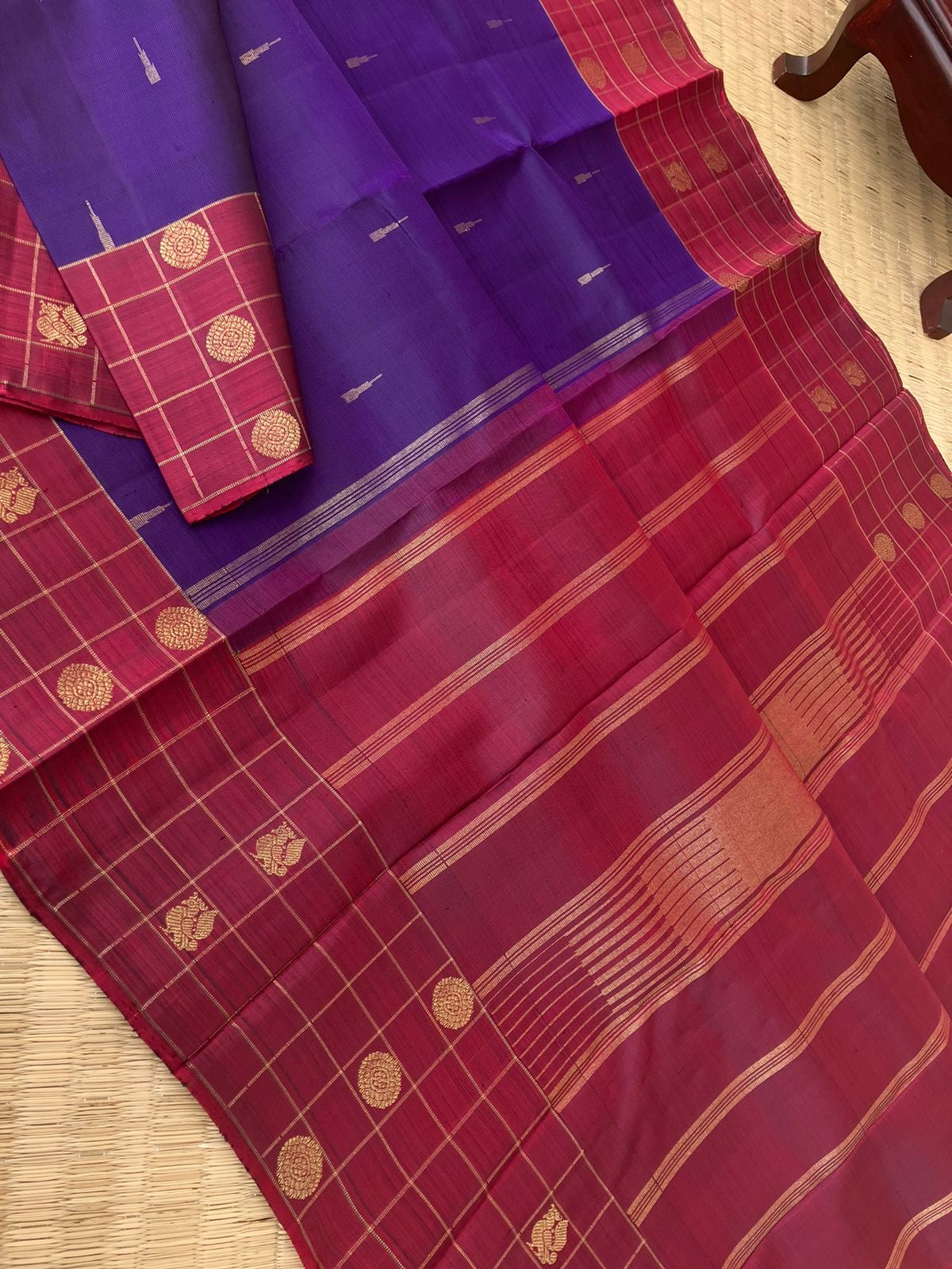 Maaya - Magical Kanchivarams - deep dark violet and maroon with rain drops woven buttas with chex woven borders