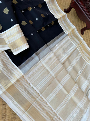 Tales of Korvais Kanchivaram - most beautiful black and off white with gold and silver zari woven buttas