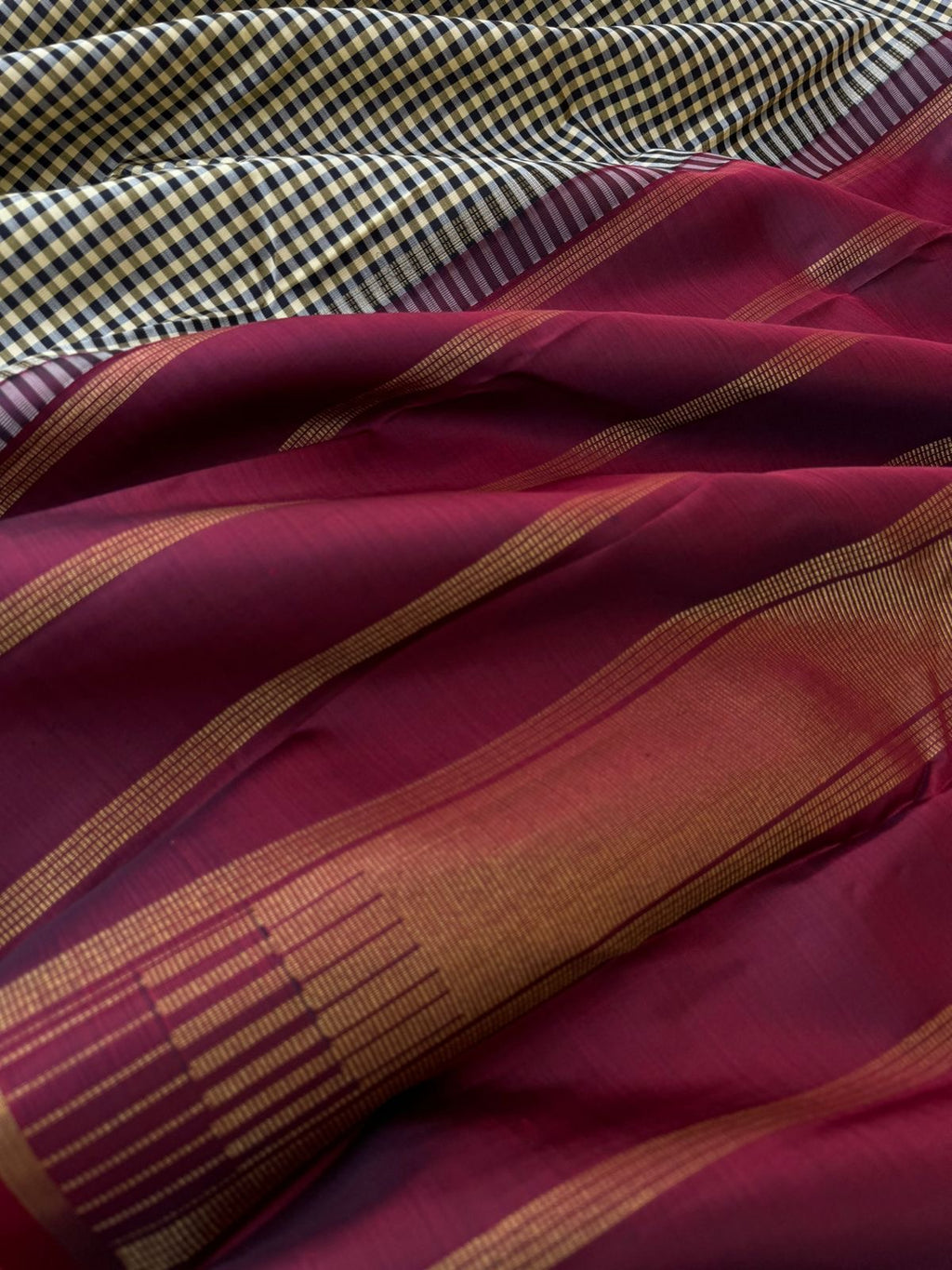 Kattams on Kanchivaram - gorgeous cream and black kottadi chex with maroon pallu and blouse