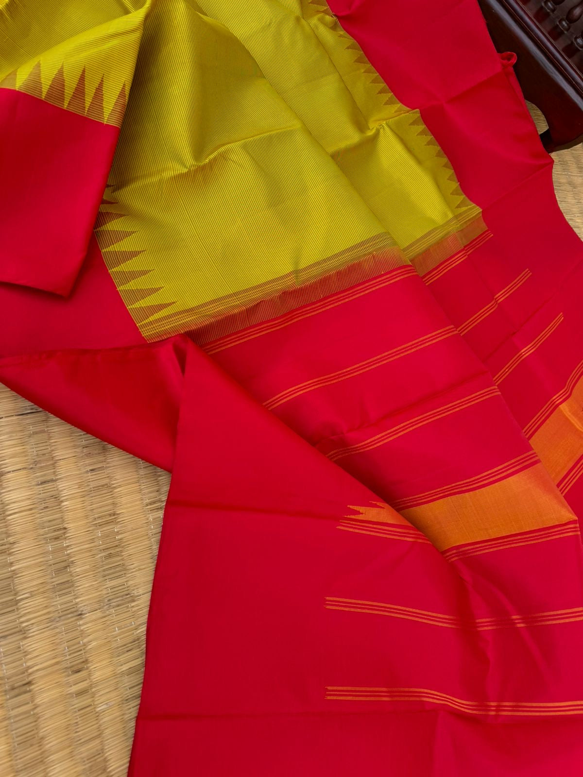 Bliss of Korvai Kanchivaram - yellow mixed green strips woven body with red pallu and blouse