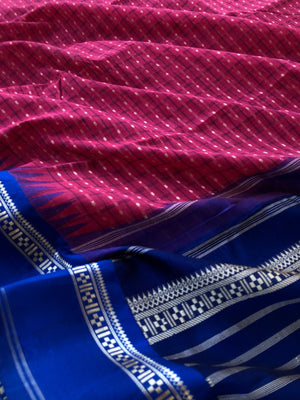 Mira - Our Exclusive Cotton body with Pure Silk Korvai Borders - dark kum kum pink and ink blue Lakshadeepam
