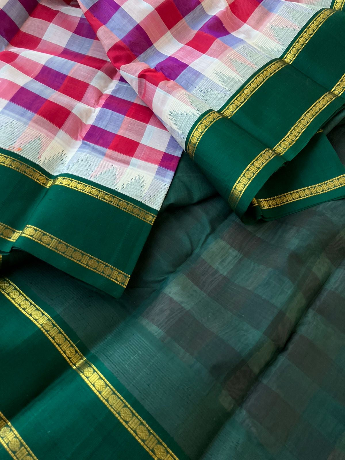 Korvai Silk Cotton - red blue off white chex with bottle green borders