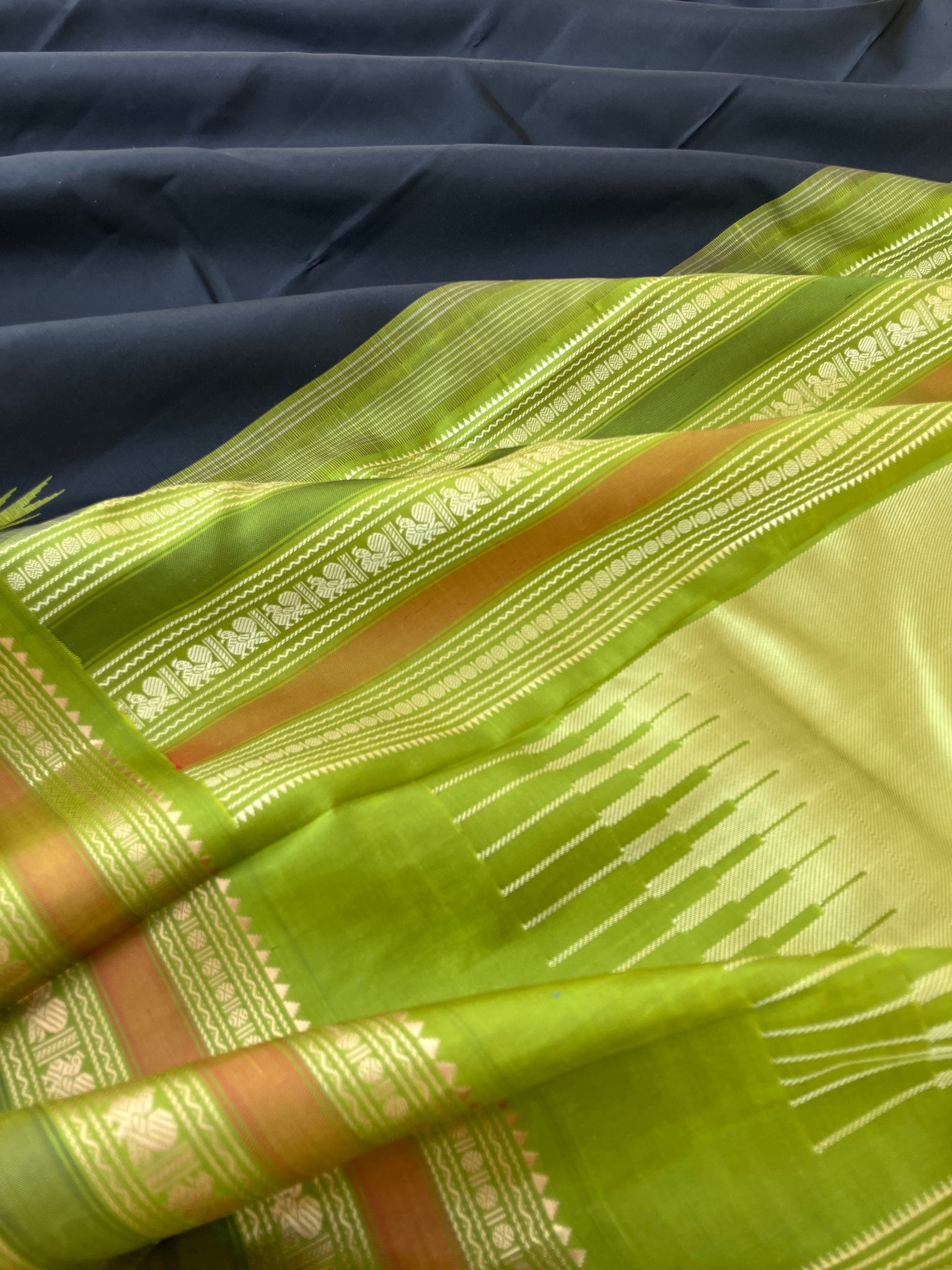 Sahasra - Beauty of No Zari Korvai Kanchivaram - black and olive green with intricate woven borders