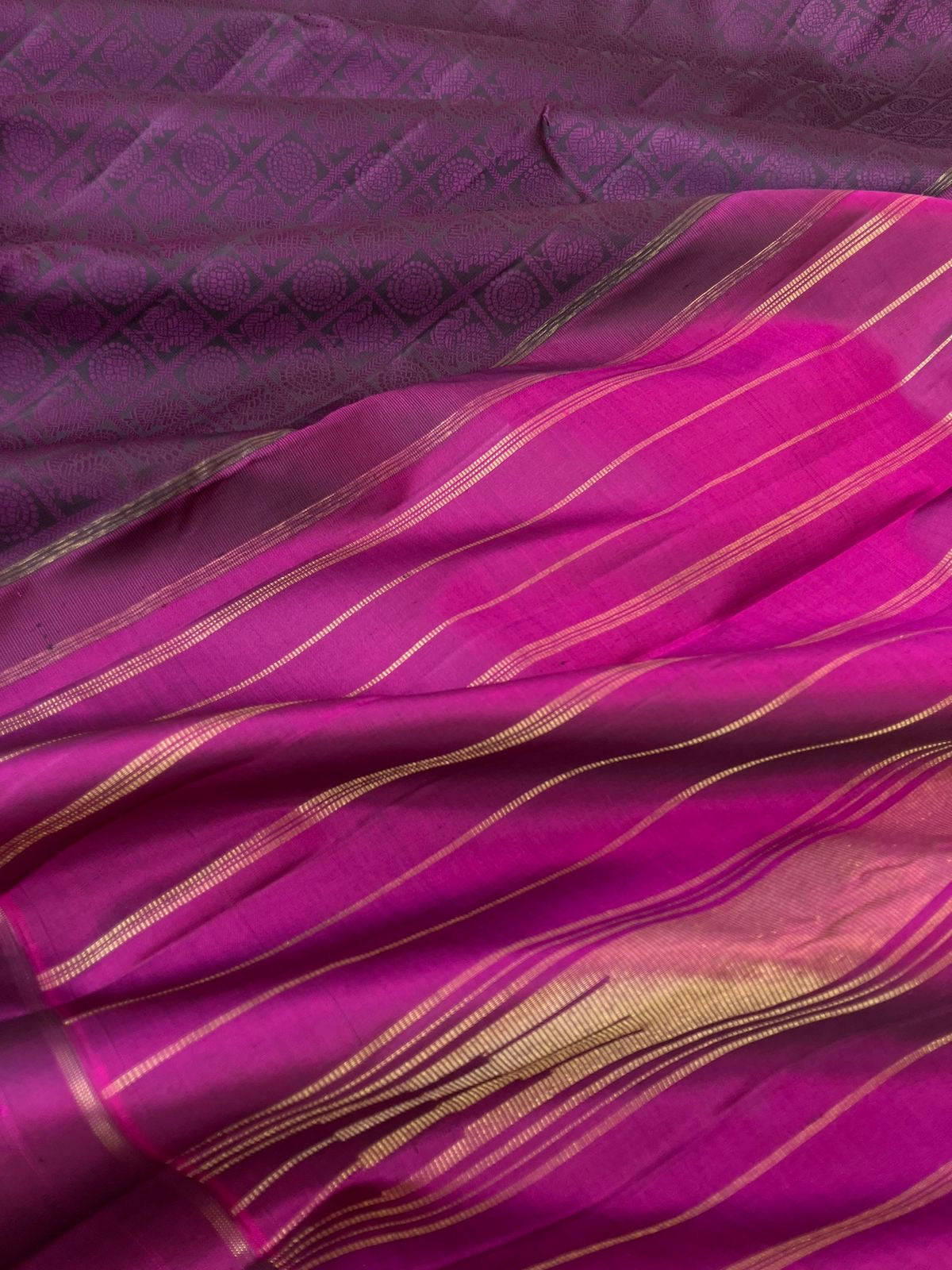 Haritham - Heirloom Yarn Play on Kanchivaram - deep dark plum purple suttle 1000 mayil chackaram woven buttas