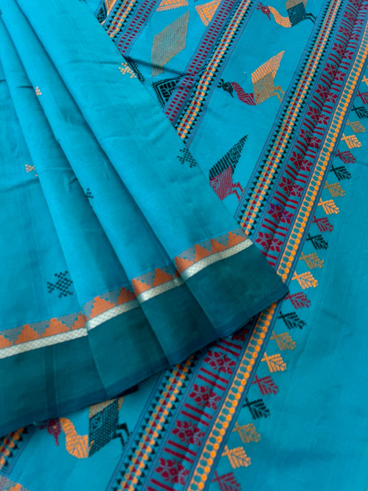 Woven Motifs Silk Cotton - teal blue Bomkai