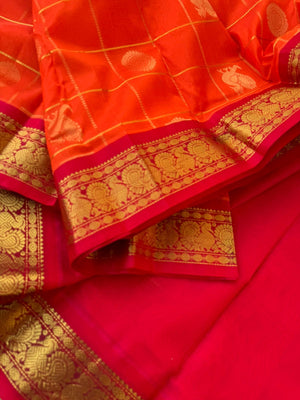 Korvai Silk Cotton - orange and red mayil chackaram