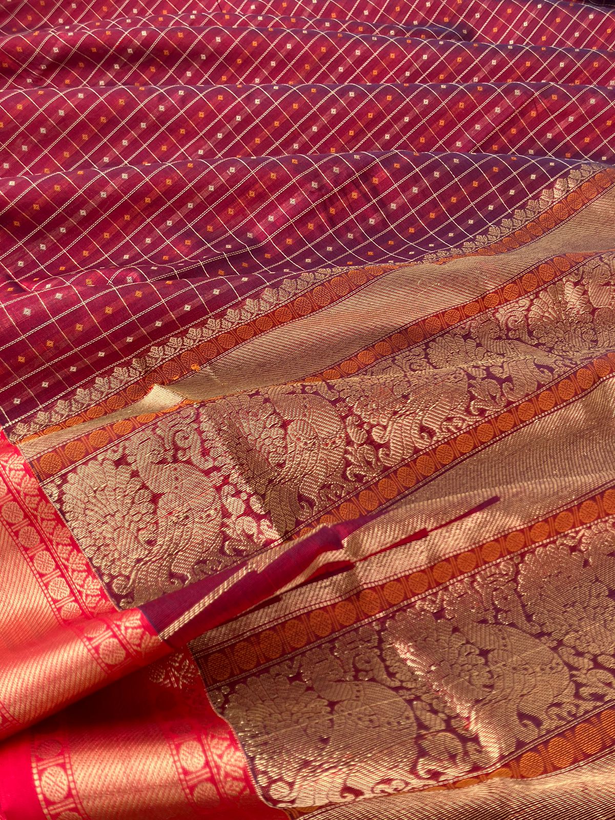 Traditional Colours Woven Motifs Silk Cotton - maroon lakshadeepam