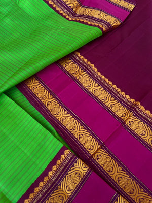 Vintage Ragas on Korvai Kanchivaram - stunning parrot green and deep majenta no zari korvai Kanchivaram with jada nagam motifs woven borders