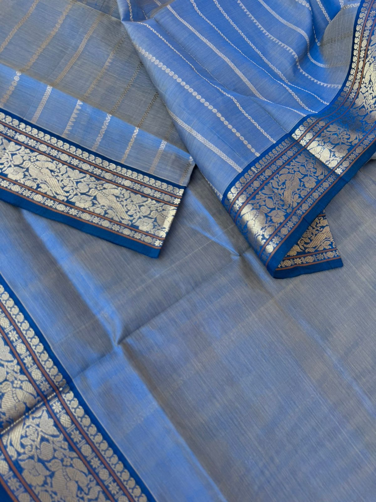 Zari Kissed Silk Cotton - beige mixed blue vertical veldhari