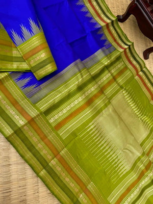 Silk Play on No Zari Kanchivaram - beautiful ms blue and olive green with Annapakshi woven borders