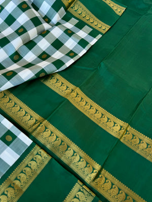 Statement of Kanchivaram - KK4 - one of a kind off white and green kattam with woven buttas vintage Korvai Kanchivaram with retta pett paisley woven borders