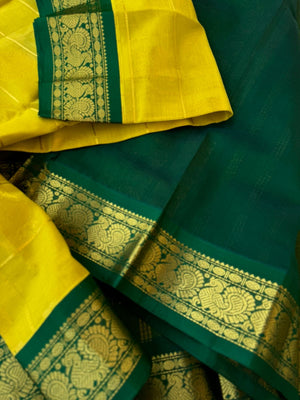 Korvai Silk Cotton - lemon yellow and green mayil chackaram