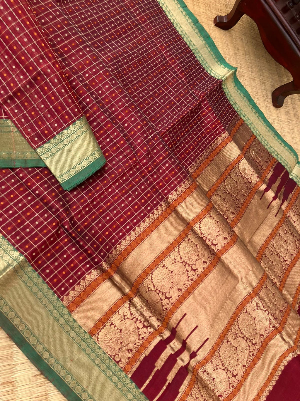 Traditional Colours Woven Motifs Silk Cotton - maroon and green lakshadeepam