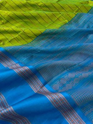 Divyam - Korvai Silk Cotton with Pure Silk Woven Borders - apple green and blue veldhari