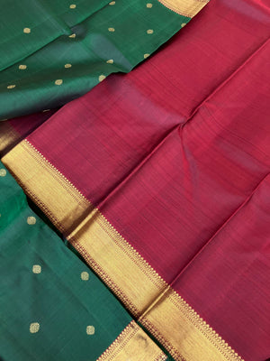 Treasures of Kanchivaram - Solid Gold Zari Woven Border Kanchivarams - the amazing deep dark Meenakshi green and maroon