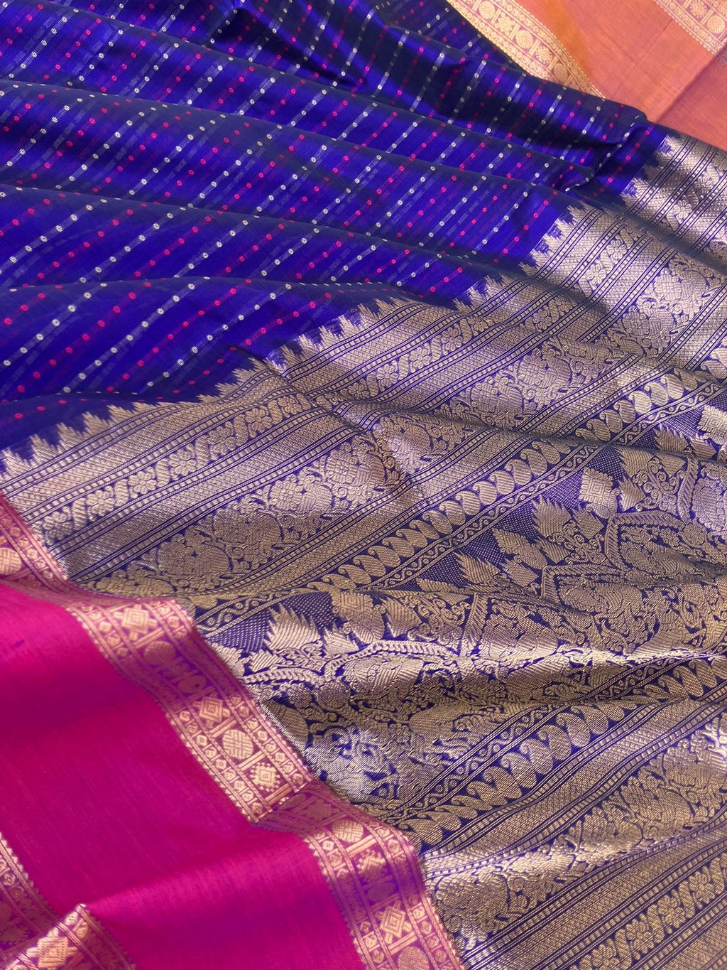 Woven Motifs Silk Cotton - ink blue Lakshadeepam with ganga jammuna woven borders