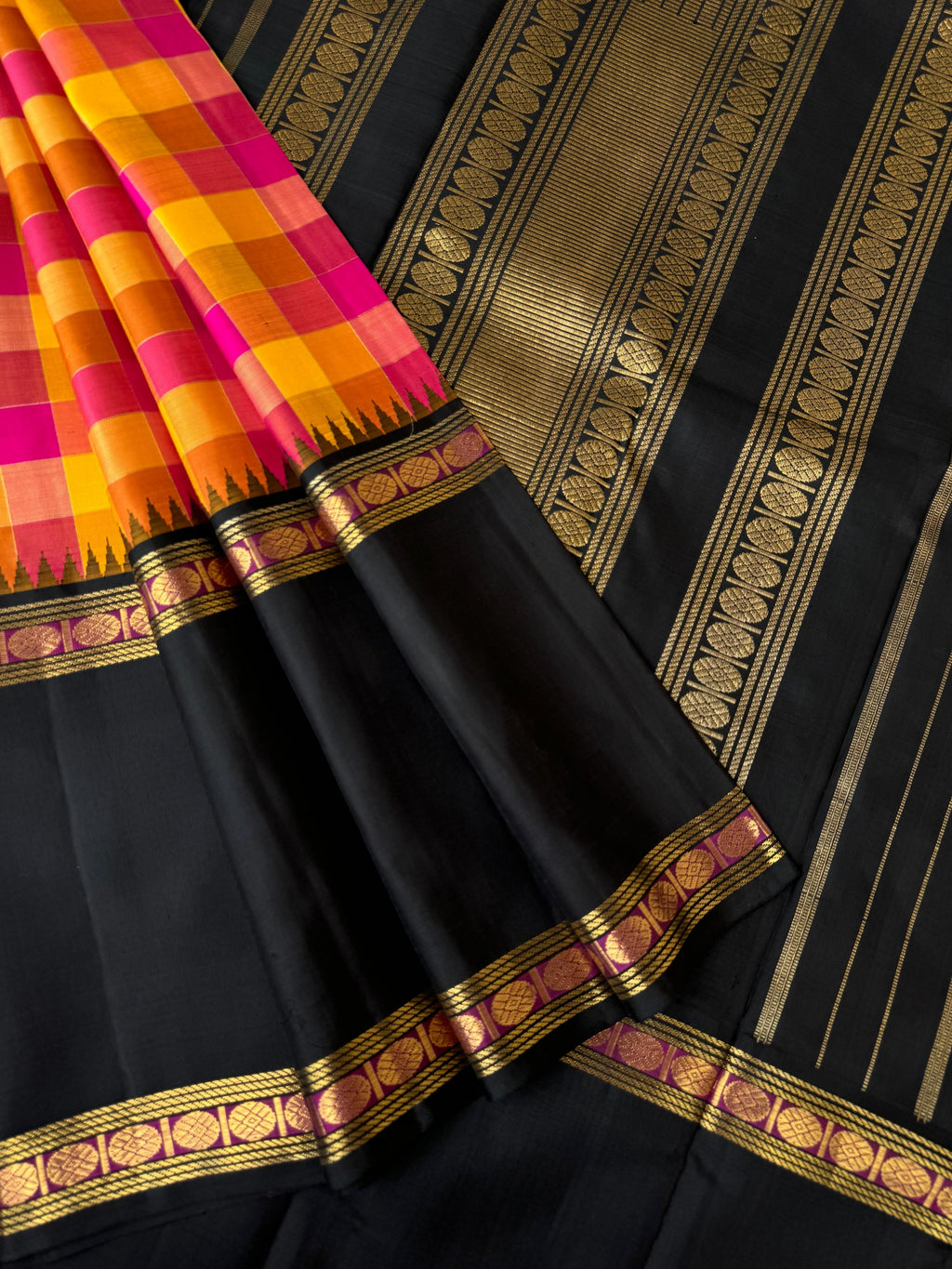 Truly Vintage - stunning traditional yellow and pink paalum palamum kattam with black korvai woven 12’ Inch borders