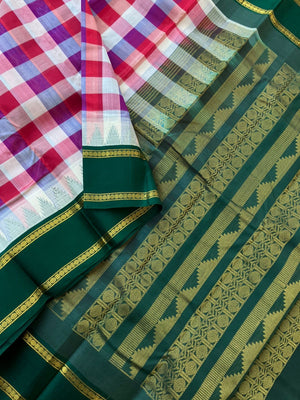 Korvai Silk Cotton - red blue off white chex with bottle green borders