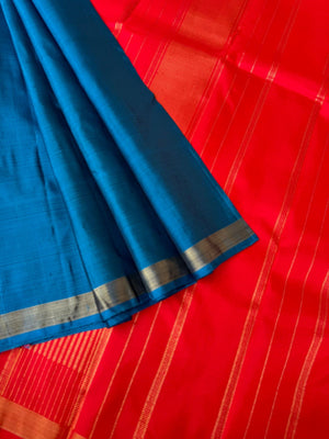 Shree - Stunning Small Border Kanchivarams - burnt blue and red