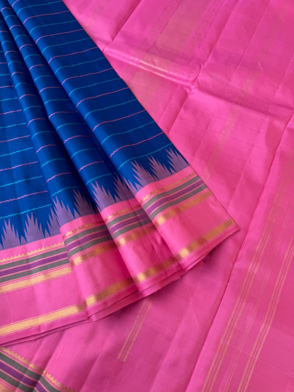 Veldhari on Korvai Kanchivaram - stunning ink blue with bubble gum pink and anandha blue ganga jammuna borders