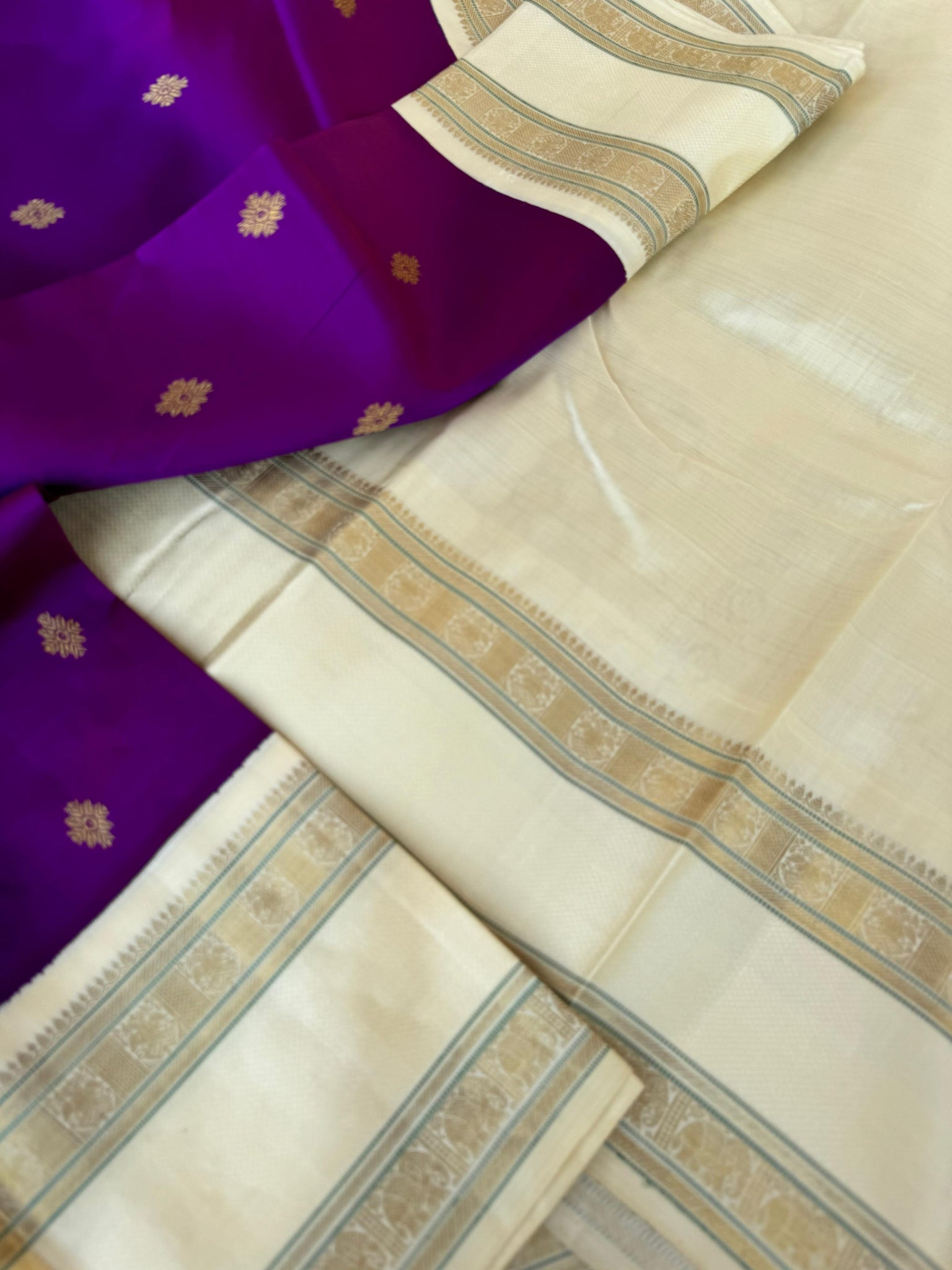 Tales of Korvais Kanchivaram - stunning deep purple and off white with retta pett woven borders