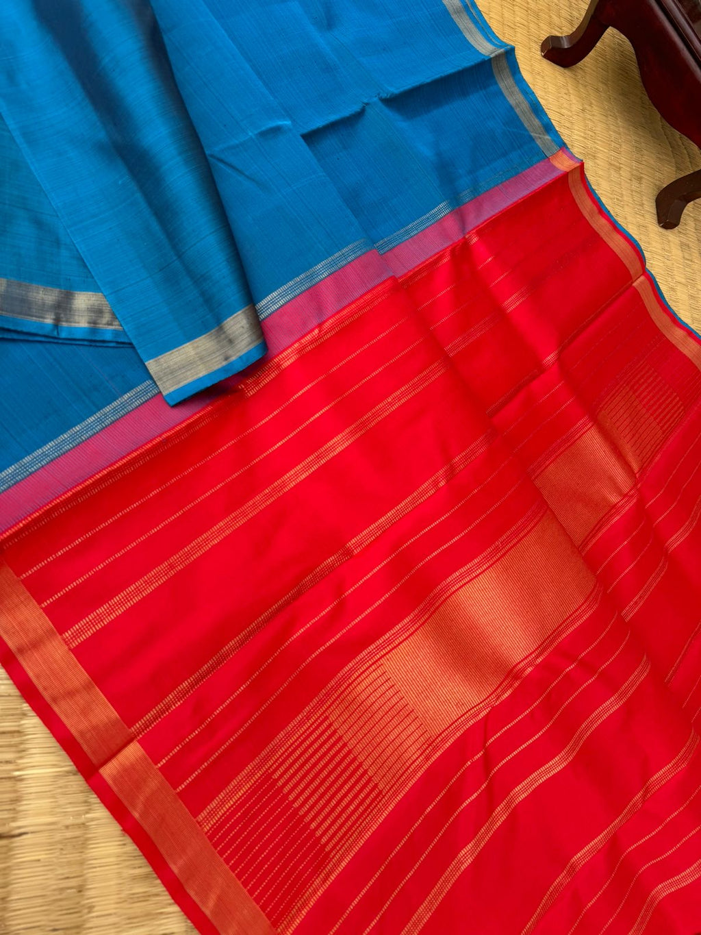 Shree - Stunning Small Border Kanchivarams - burnt blue and red