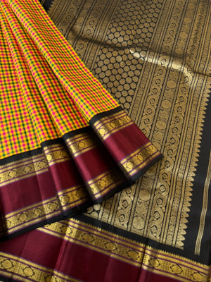 Paalum Palamum Kattam on Kanchivarams - stunning very tine mustard pink and green chex body with black and wine korvai woven retta pett borders