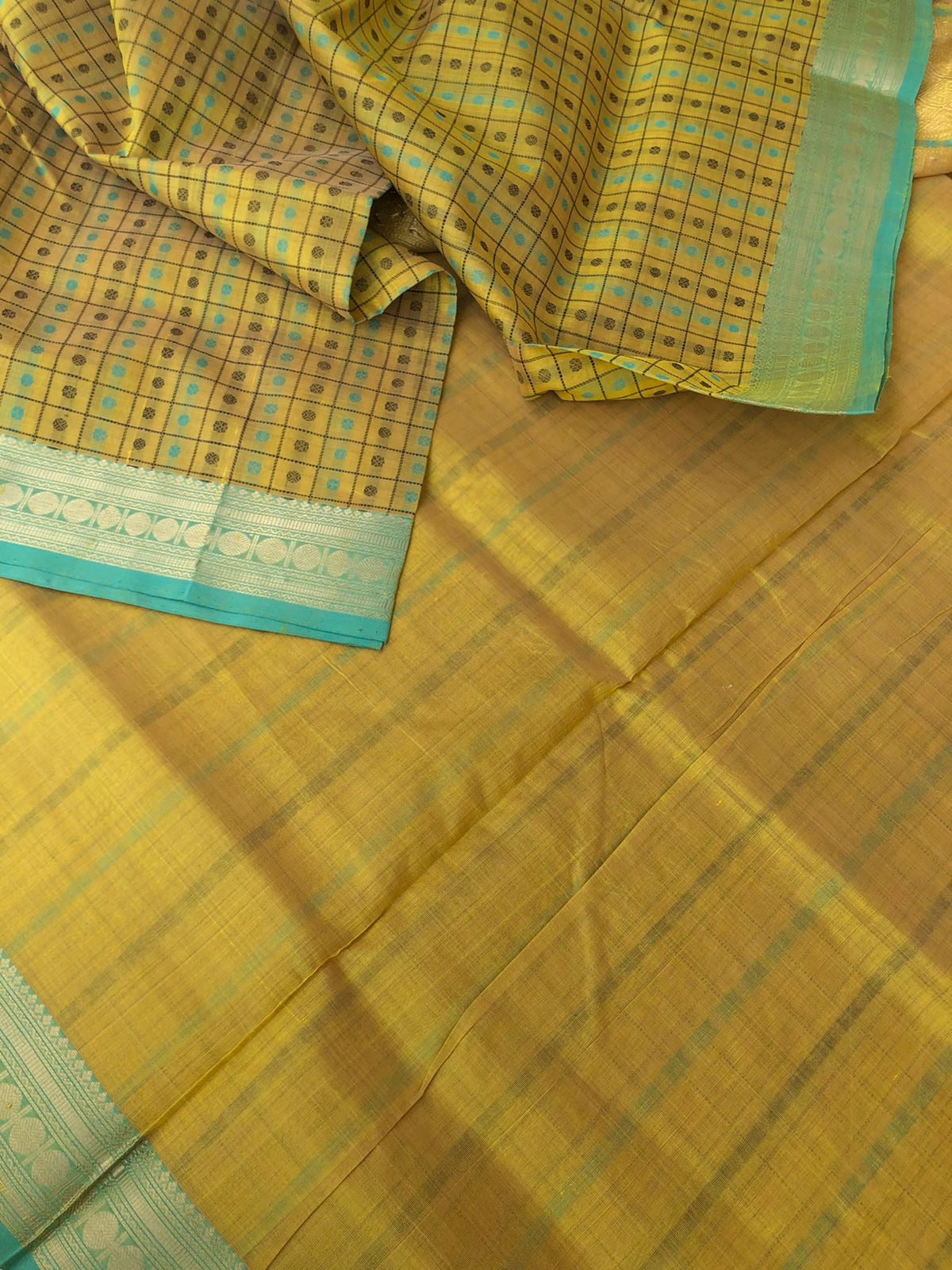 Woven Motifs Silk Cottons - pale beige mixed green Lakshadeepam with small woven borders