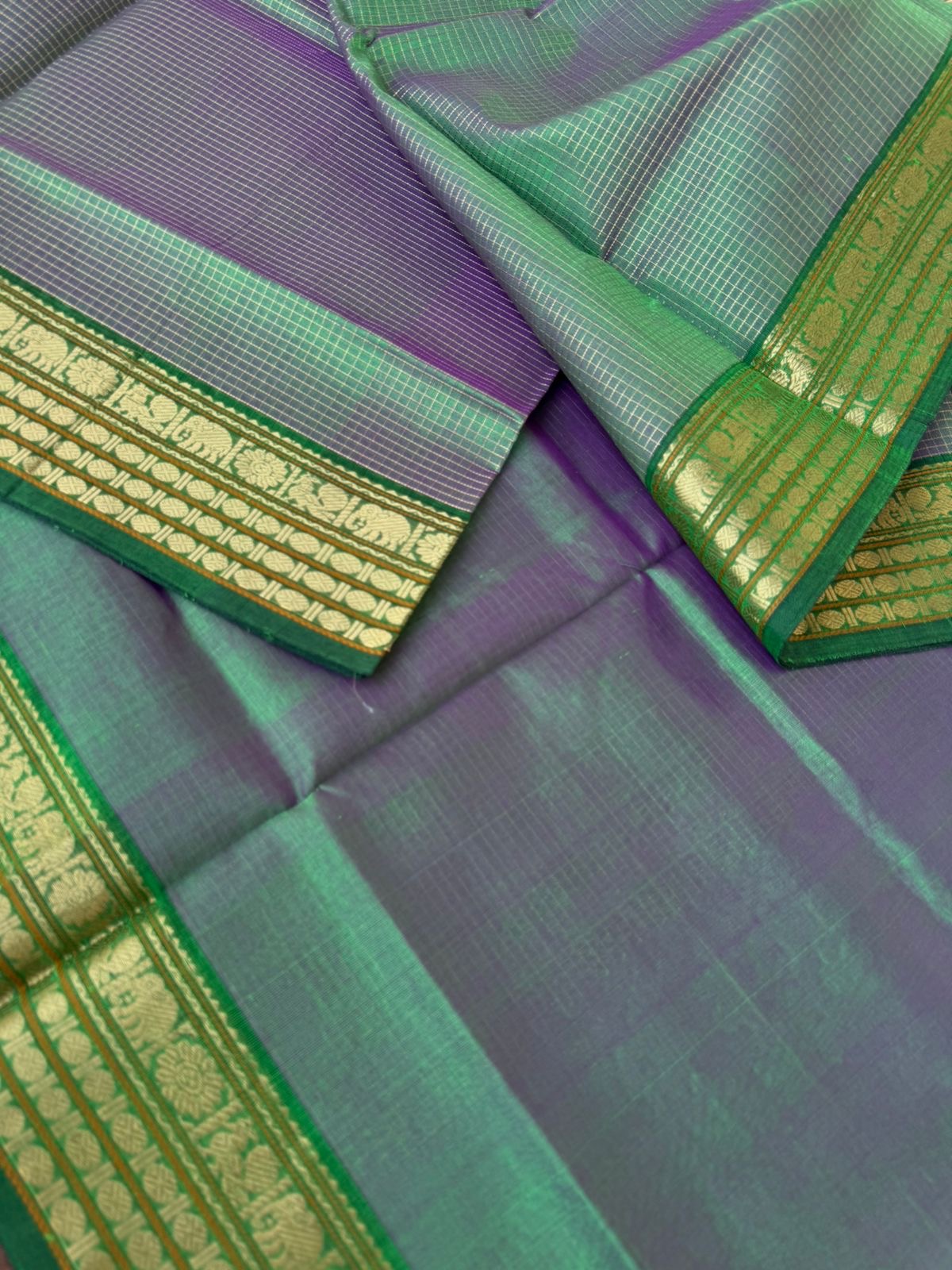 Zari Kissed Silk Cotton - gorgeous dual tone ponn vandu green Vairaoosi kattam