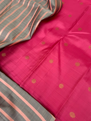 Bliss of Kanchivaram - unusual grey pink vertical veldhari stripes woven pallu with floral pink buttas woven pallu and blouse