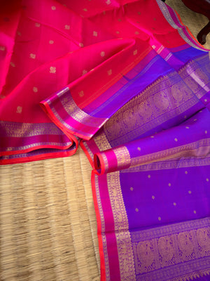 Kanchivaram Trunk - Every Day Essential Kanchivarams | Pink and violet with small woven borders